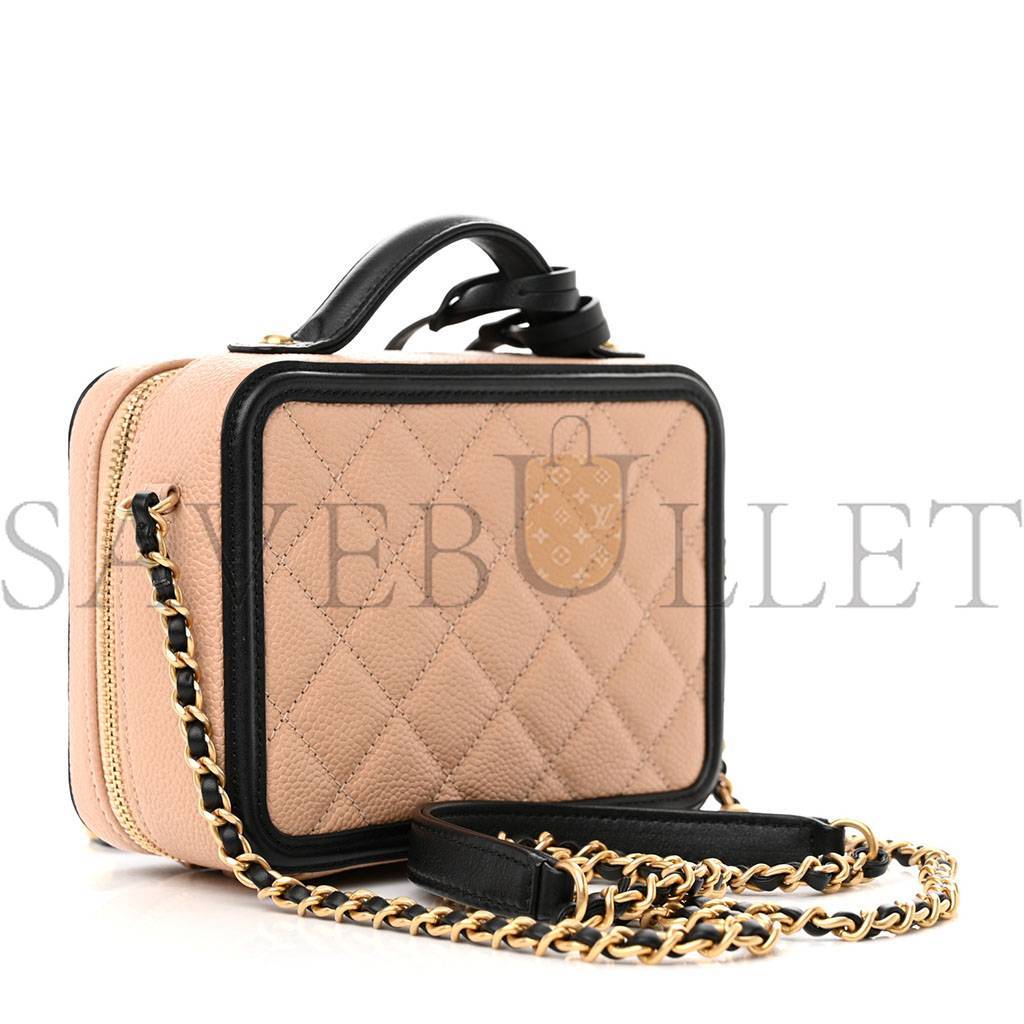 CHANEL CAVIAR QUILTED SMALL FILIGREE VANITY CASE BEIGE BLACK (16*13*7cm)